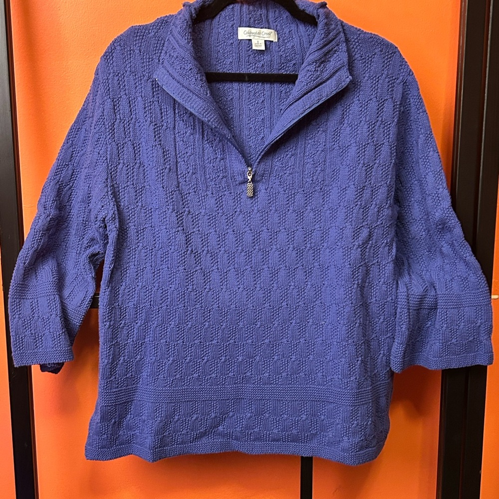 Coldwater Creek Textured Knit Quarter Zip Sweater Blue Cozy Pullover Medium